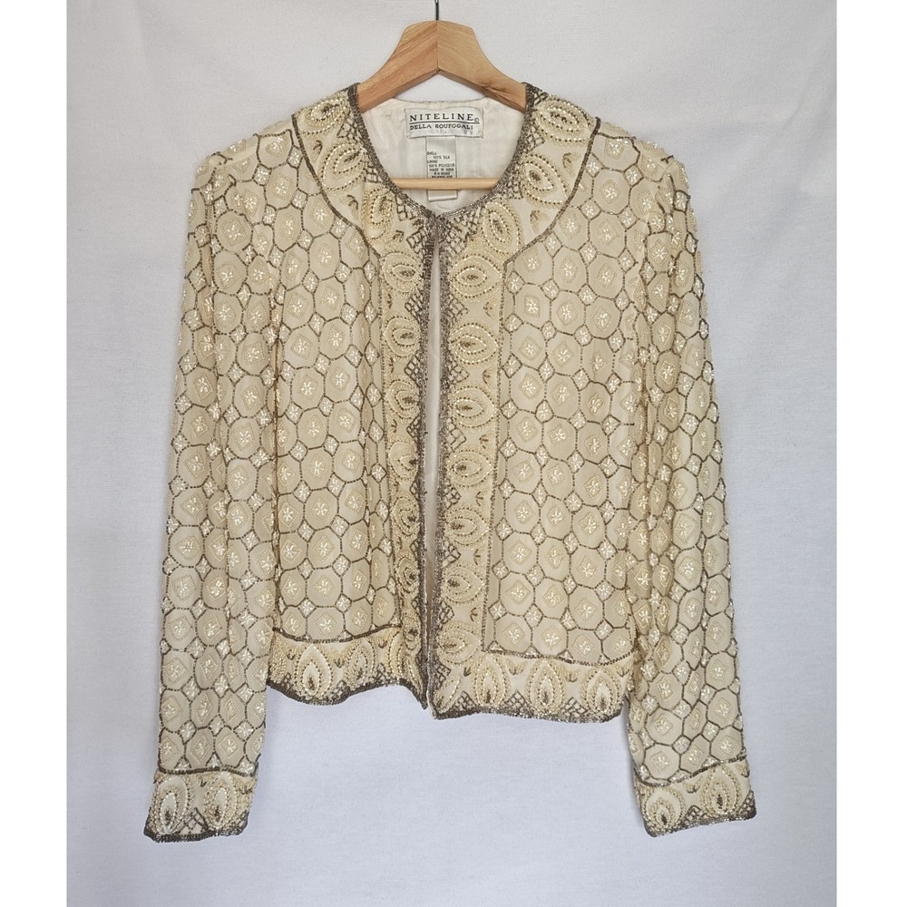 Niteline Della Roufogali Beaded Embellished Jacket Cream White Vintage 80s 90s S